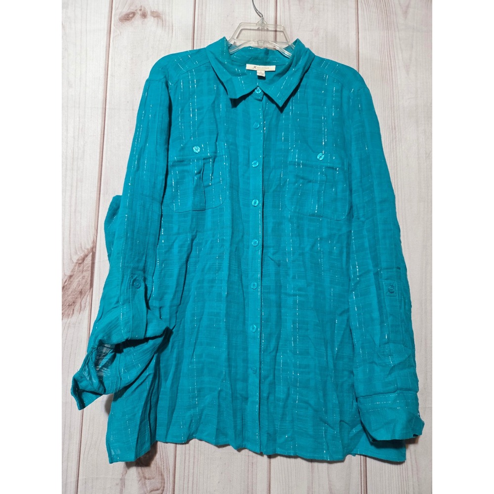 JM Collection Womens Teal Blue Cotton Gauze Metallic Stripe Roll Tab Shirt 18